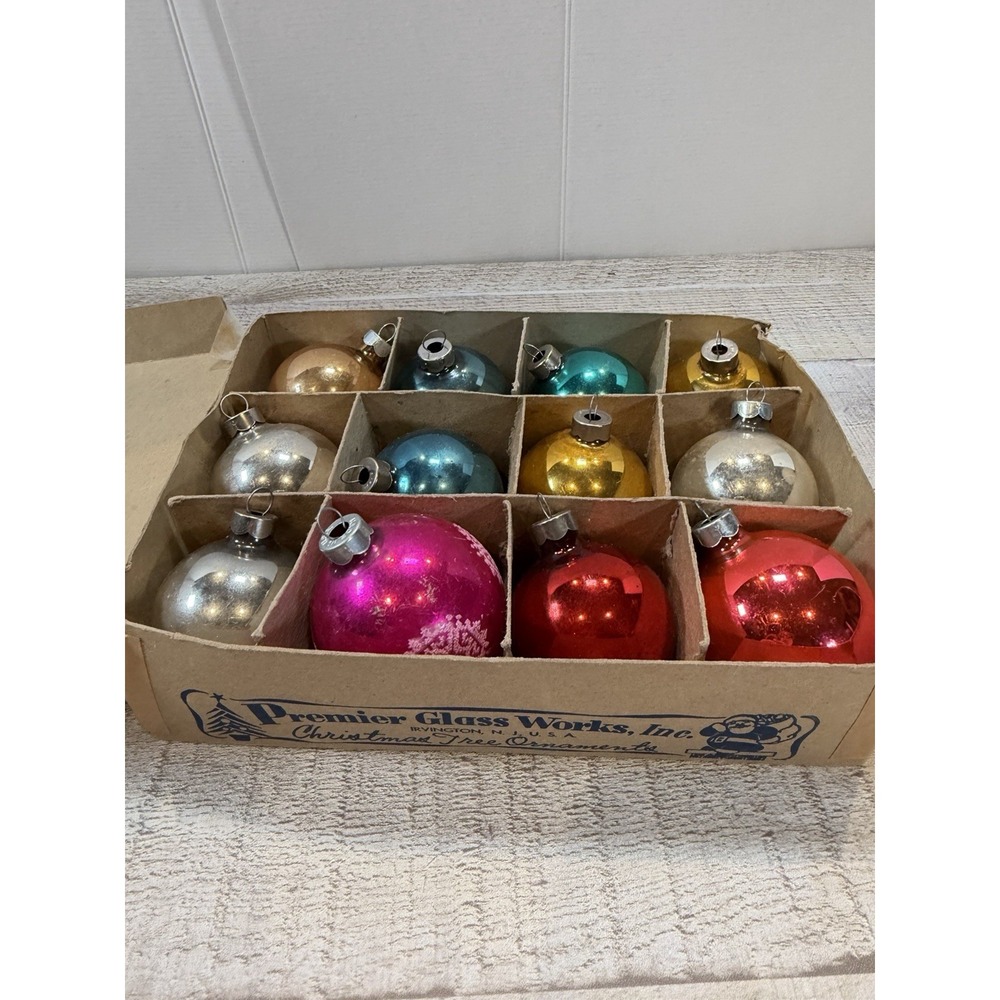 Vintage Premier Glass Works USA Mercury Glass Christmas Ornaments Lot 12 Box Set